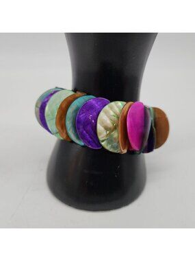 Multicolor Abalone Half Disc Stretch Bracelet Just Over 1" Wide Pink Purple Geen